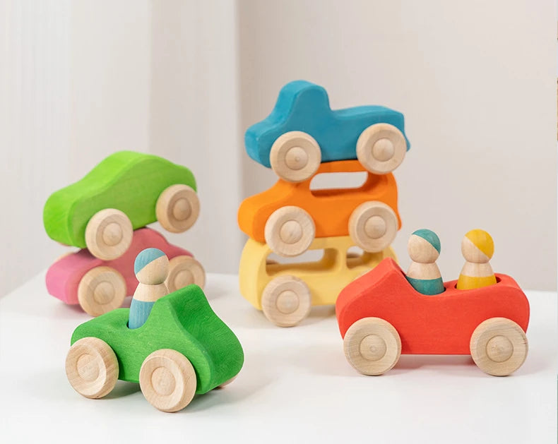 Wooden Cars Set with Peg Dolls