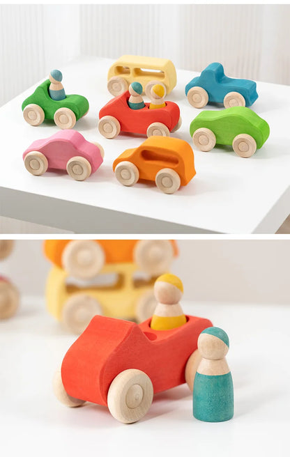 Wooden Cars Set with Peg Dolls