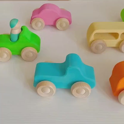 Wooden Cars Set with Peg Dolls