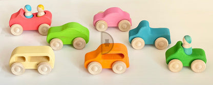 Wooden Cars Set with Peg Dolls